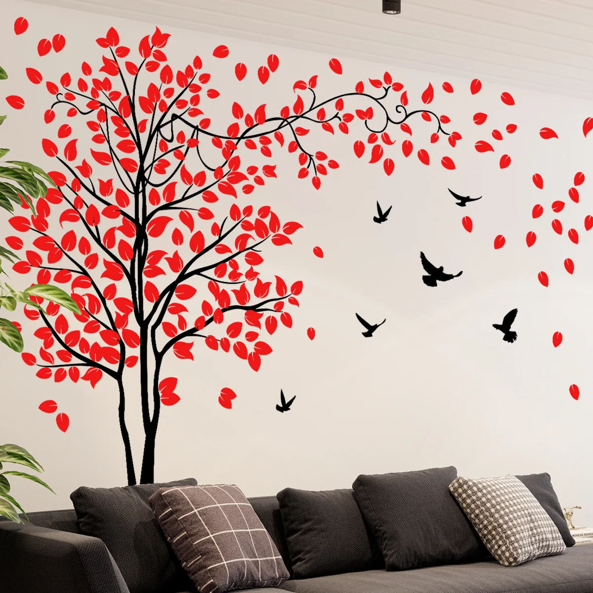 Chinese Style Big Tree Red Leaves Bird Kindergarten Pvc Material Self-Adhesive Wall Stickers Wall Decor Home Accessories Wallpap