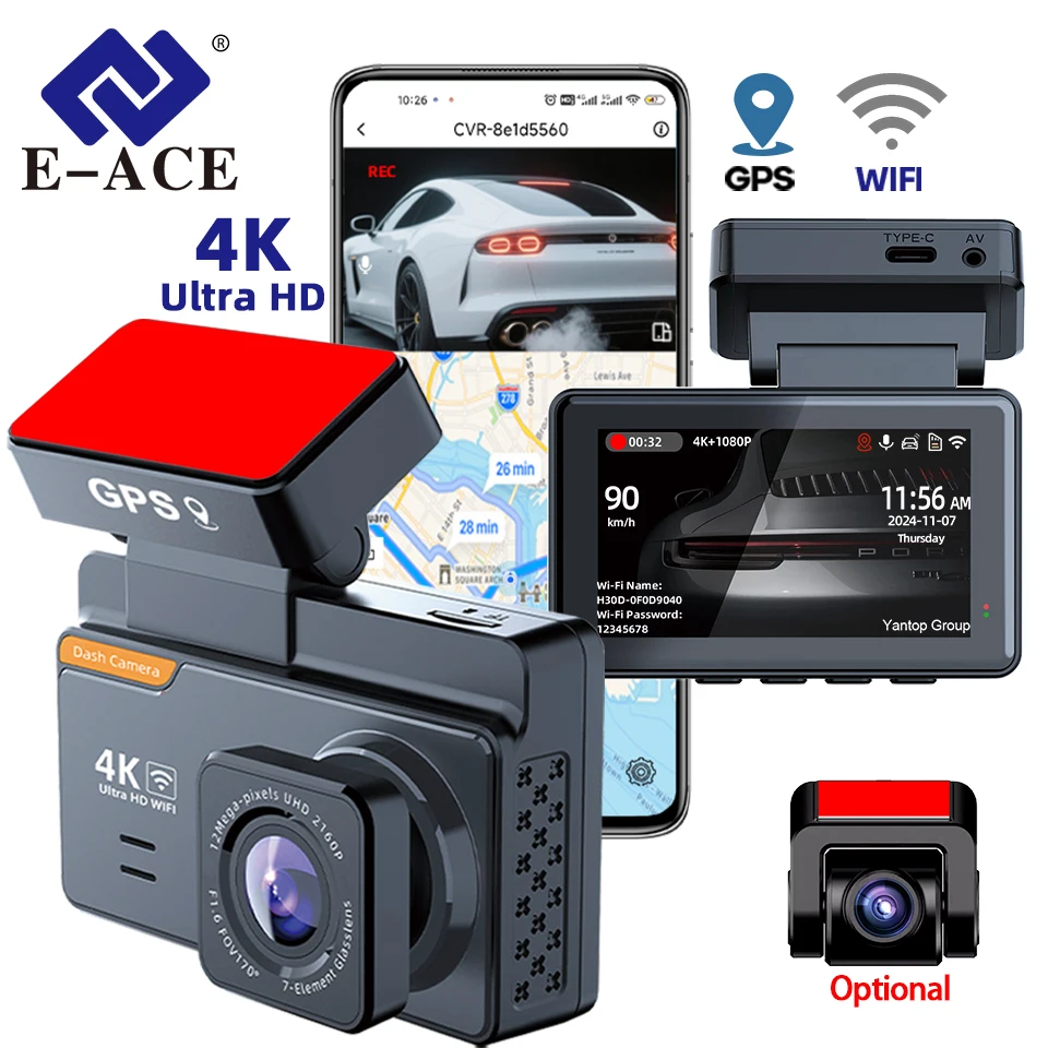 E-ACE 3 Inch UHD 4K Video Recorder Recording Car Camera DVR Night Vision Dash Cam Built-In Wi-Fi And GPS 24H Parking Monitoring