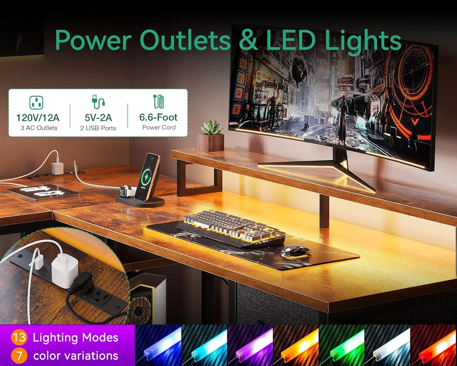 66" L Shaped Computer Desk, Reversible Home Office Desk With File Cabinet & 4 Drawers, Corner Gaming Desk With LED Lights &