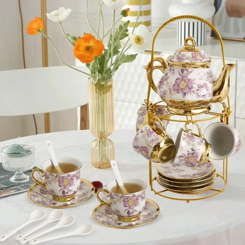20 Pcs Porcelain Tea Set European Ceramic With Metal Holder Gold Flower Painting Cup Saucer Adult Gift For Spring Easter Party