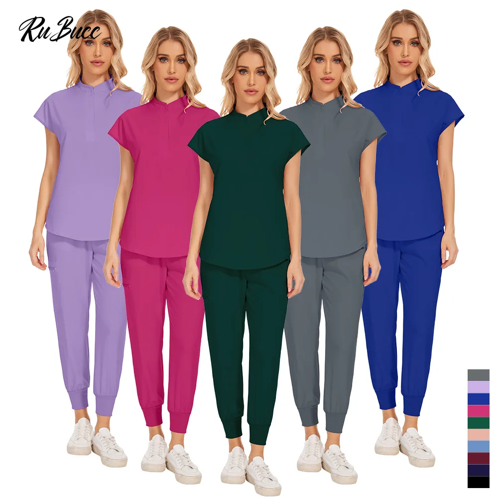 

Оптовая продажа, рабочие топы для медсестер, брюки, набор скрабов, 10 цветов, хирургический костюм с короткими рукавами и карманами, униформа, дышащий костюм-скраб для женщин
