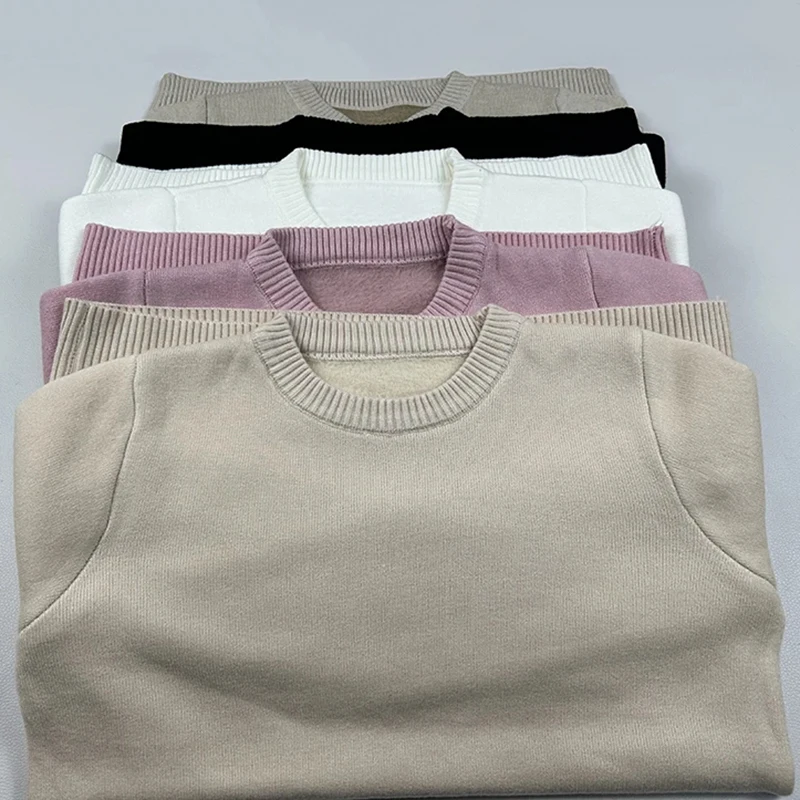 Pull en velours à manches longues pour femme, col rond, épais, slim, doux, décontracté, chaud, hiver