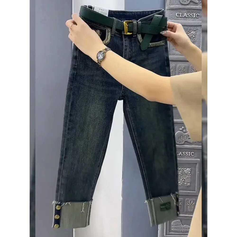 NEW Spring Autumn High Waist Straight Jeans Large Size Loose Fit Stretch Denim Pants Casual Ladies Ankle-Length Jeans Pants