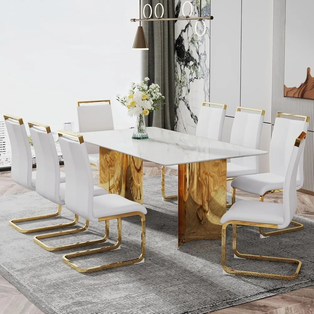 

71'' Dining Table Set for 8,Marble Table Top with Stainless Steel Base, Dining Table with 8 Upholstered Chairs,Table Set