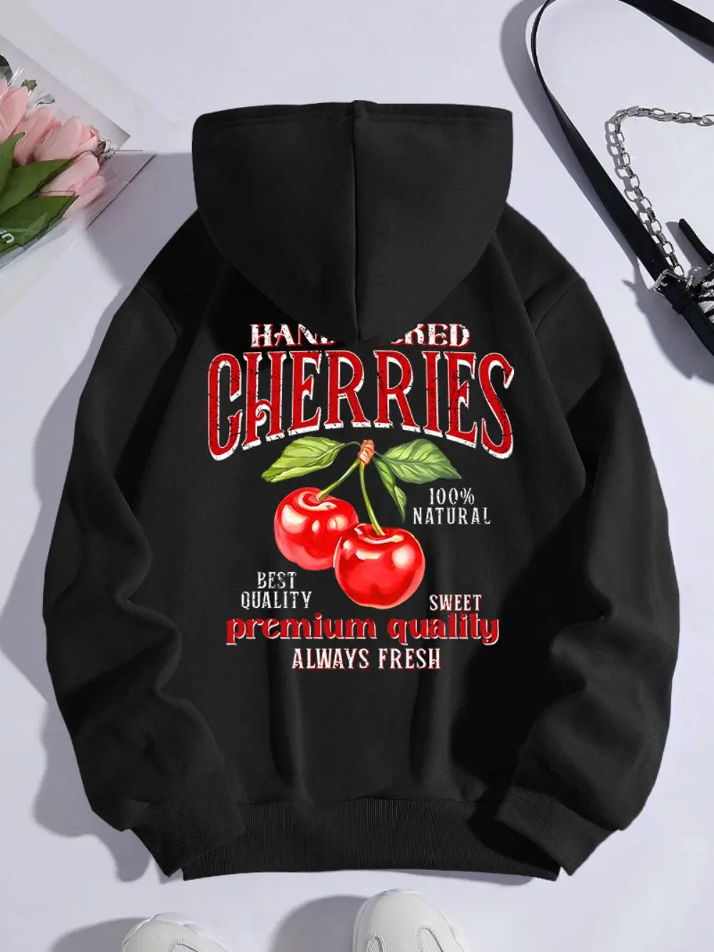 

Fashion Womans Hoodies Hand Picked Cherries Printing Sweatshirts Pocket Comfortable Fleece Warm Pullovers Autumn Female Clothing