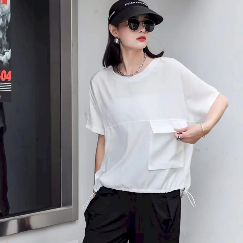 Fashion Drawstring T Shirts Women Loose Drape Design O-neck T-shirt Casual Pocket Short Sleeve Oversized Top Summer Trend Tshirt