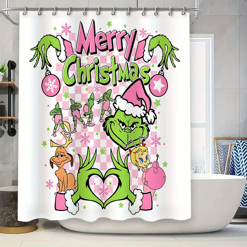 

Занавеска для душа с Рождеством, мультяшный дизайн Санта-Клауса, розовый, зеленый декор для ванной комнаты, вечеринки, дома, легко чистится и уживается