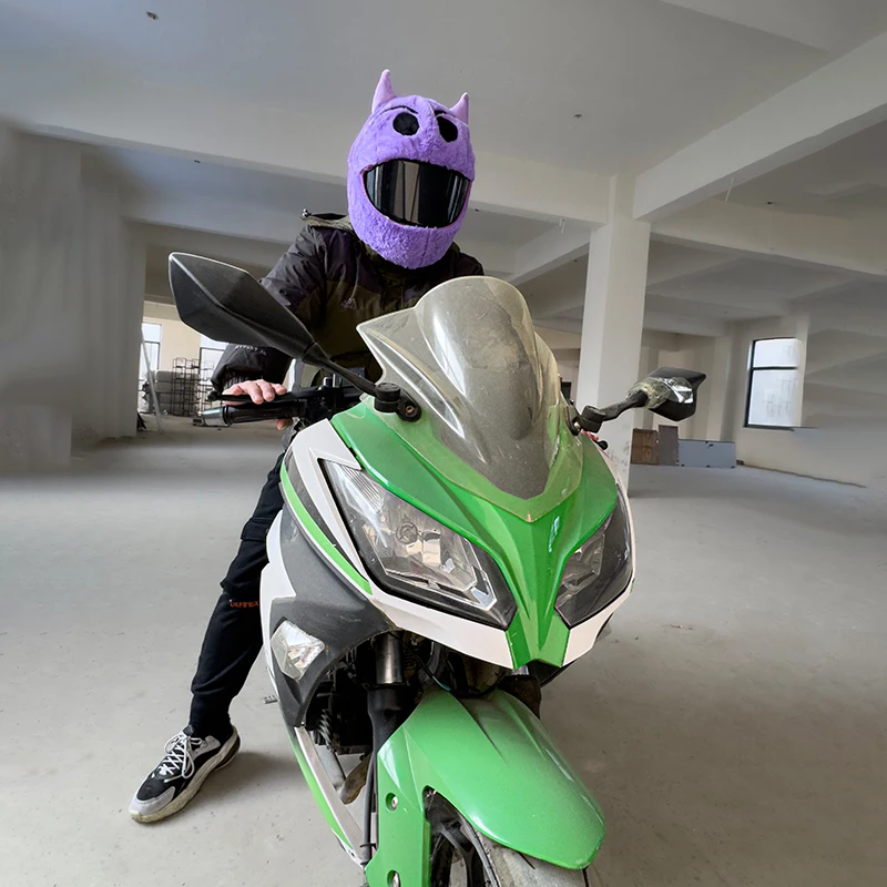 Helmet Protective Hood Motorcycle Full Face Helmet Cartoon Stuffed Animal Cute Hood Purple Devil