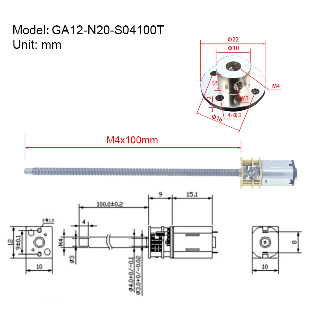 

GA12-N20 M4 * 100mm Thread DC 12V (Compatible 6V 3V) Mini Micro All Metal Gear Reducer 30~4000RPM Long Shaft Motor with Flange