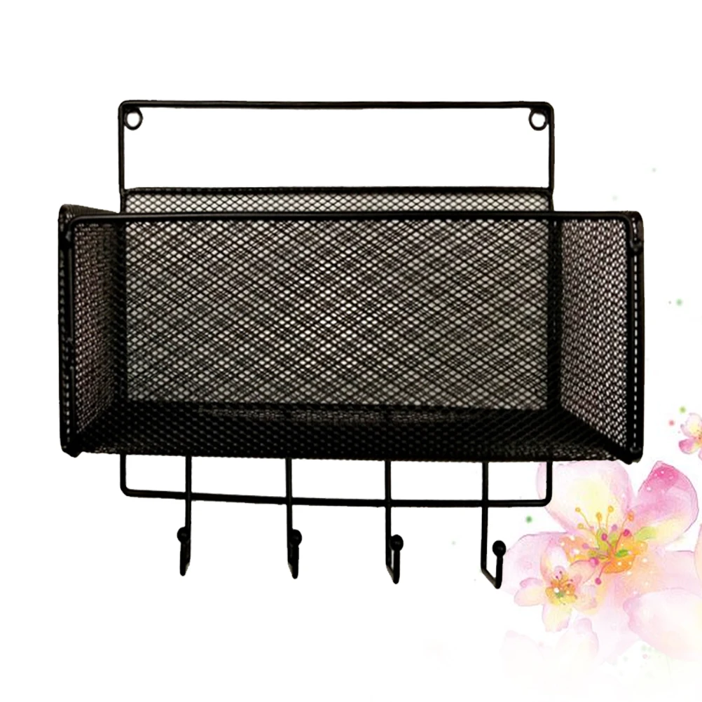 

Wall Mounted Iron Art Mesh Storage Rack Black Hooks Storage Shelf Bathroom Kitchen No Perforation Organizer Toothbrush