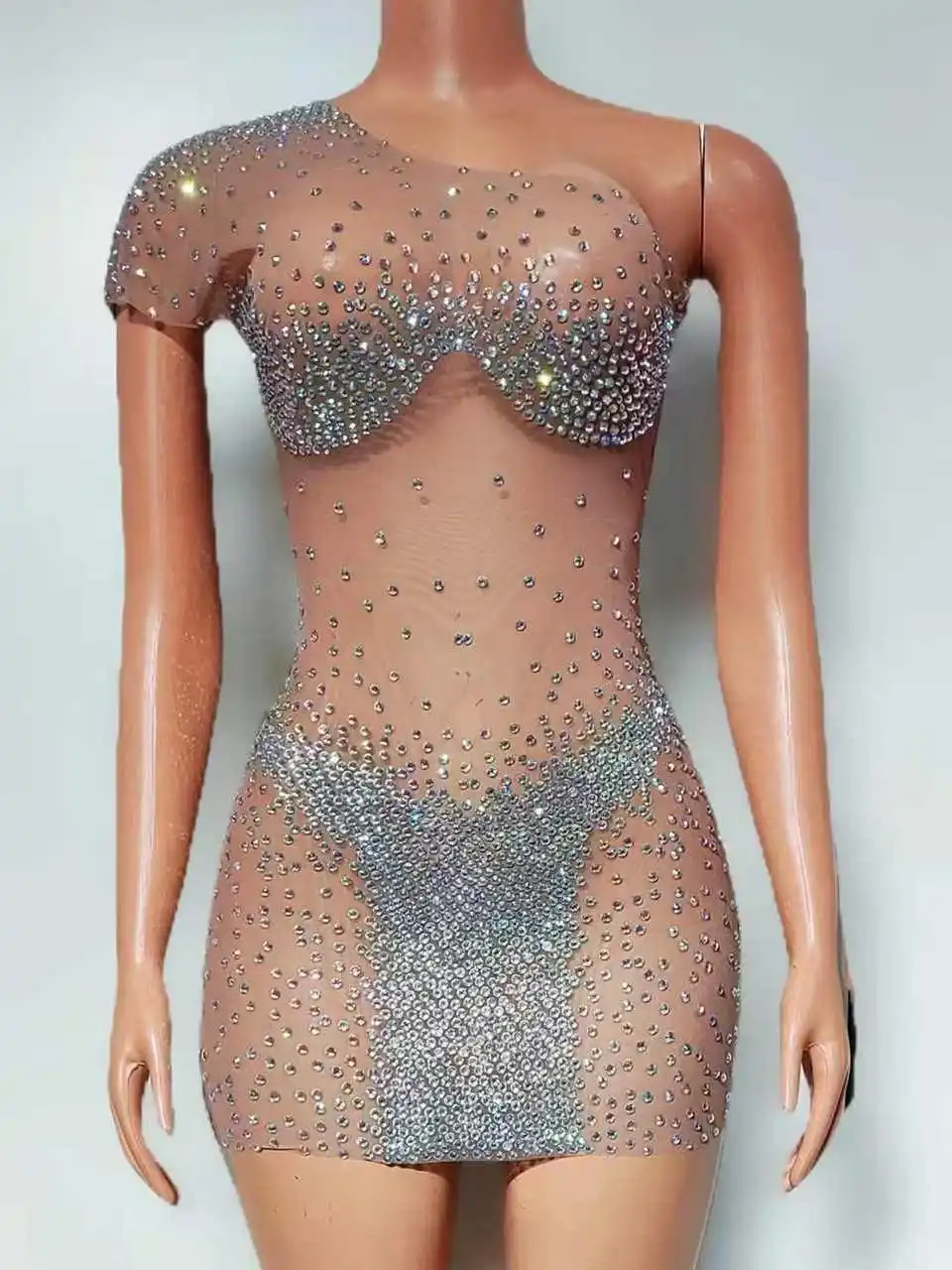 キラキララインストーンワンショルダースカート女性のためのセクシーなシースルーイブニング祝う結婚式誕生日ドレス写真撮影着用