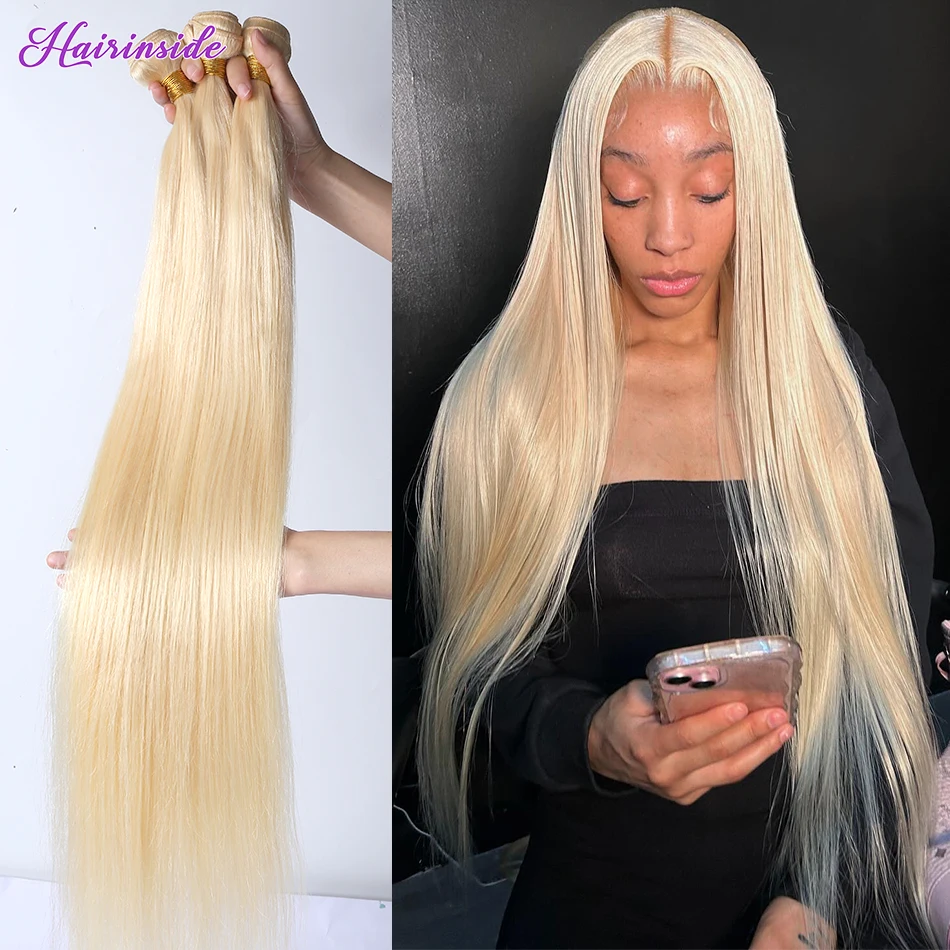 Brazilian 30 32 Inch 613 Honey Blonde Human Hair Straight Bundles 100% Unprocessed Human Hair Double Weft Weave Bulk Extensions