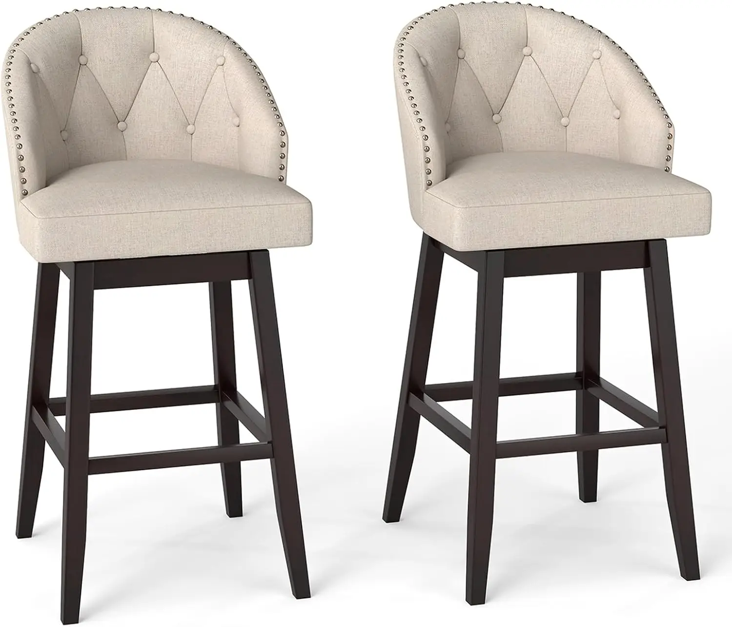 Bar Stools Set of 2, 31’’ Swivel Bar Stools with Rubber Wood Legs & Padded Back, Breathable Linen Fabric, Stylish Tufted De