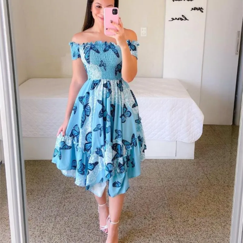 2025 Mode strapless jurk met korte mouwen en print, 6 kleuren