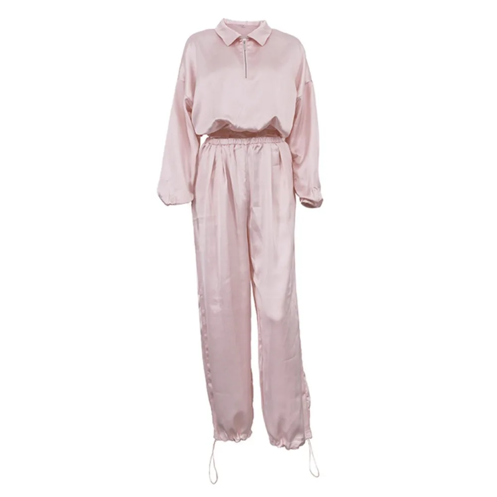 Light Luxury Soft Satin Casual Top Pants Suit Spring and Autumn Women Chic Travel Office Solid Loose Long Sleeved Top Pants 2Pcs