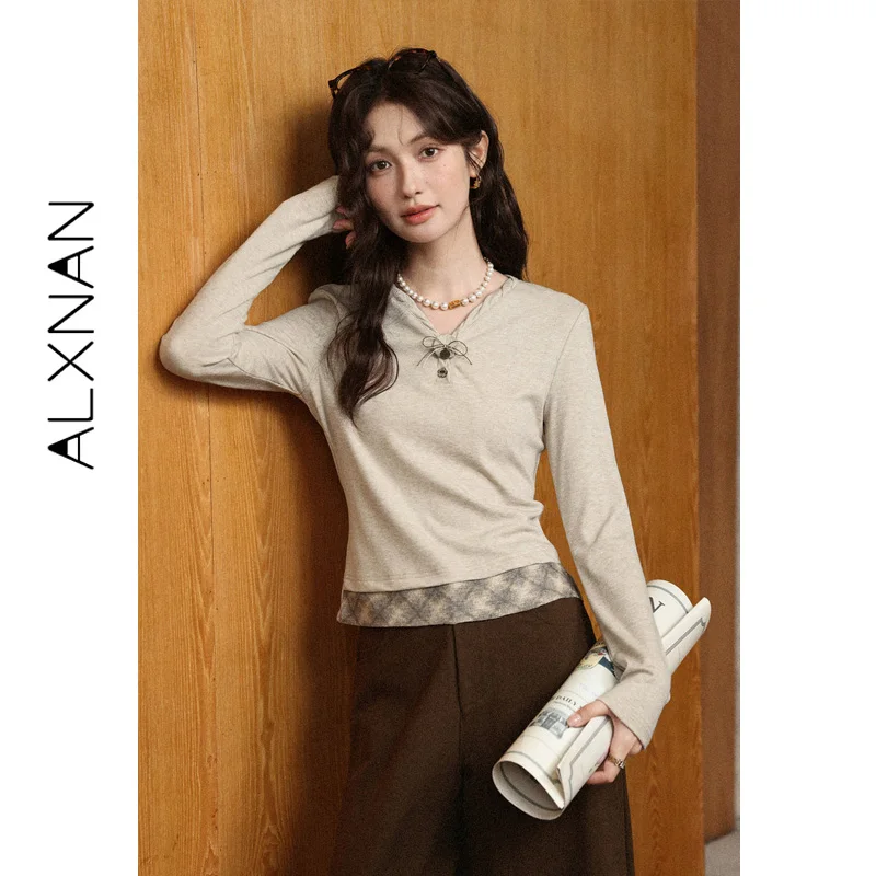 ALXNAN Women's Oat Colored T-shirt Fall Long Sleeved V-neck Collar with Bow Tie Tees Slim-fit Casual Female Clothing L57502