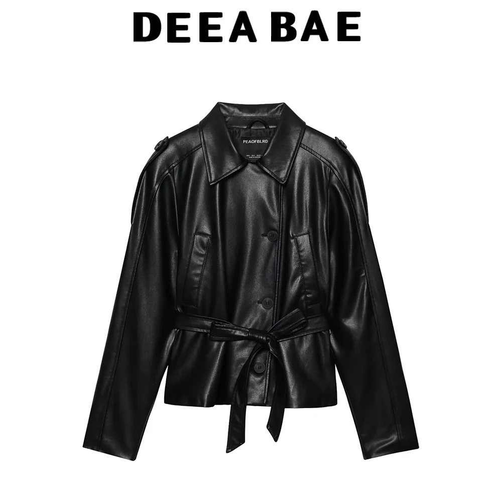 

DEEABAE Autumn New Women's Butterfly Tie Belt Pad Shoulder PU Imitation Leather Flip-over Long Sleeve Short Wind Jacket