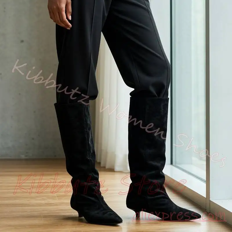 Slouch Knee High Boot Pointed Toe Low Kitten Heel Women Oversized Shaft Fashion Footwear Minimalist Daily Wear Shoes Solid Color