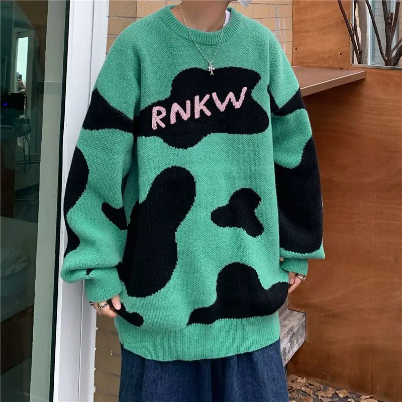 

Young Style Cow Printed Sweaters Letter Men's Clothing Loose O-Neck 2024 Autumn Winter Japan Style Long Sleeve Knitted Pullovers