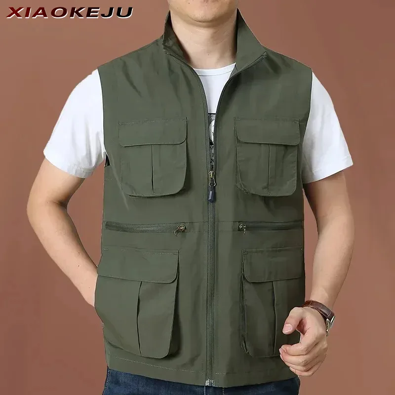 

Work Gilet Men Fishing Clothing Male Denim Vest Windbreaker Hunting Multi Pocket Camping Waterproof MAN Wear Plus Size Outerwear