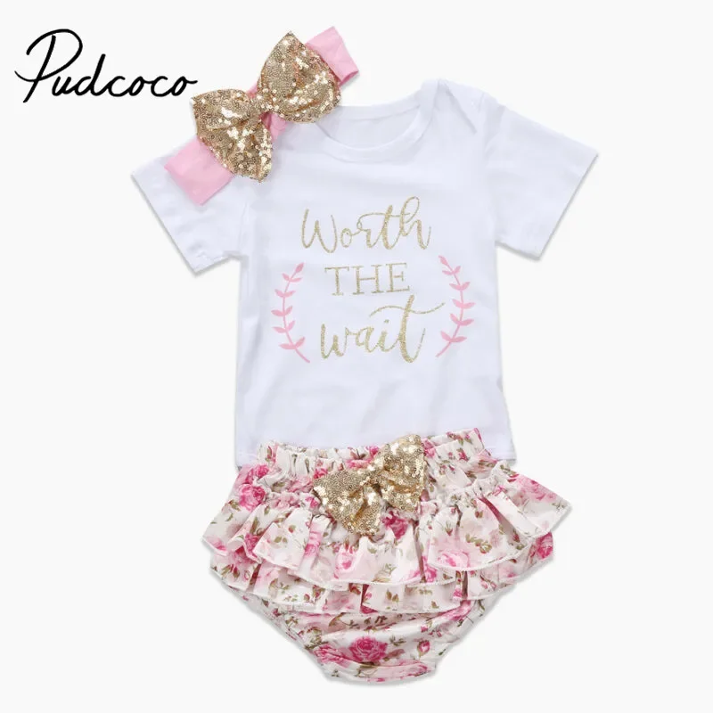 

Newborn Baby Girl Clothes Set Kids Letter Print Bodysuit + Floral Tutu Shorts + Sequin Headband Outfits Set 0-24M