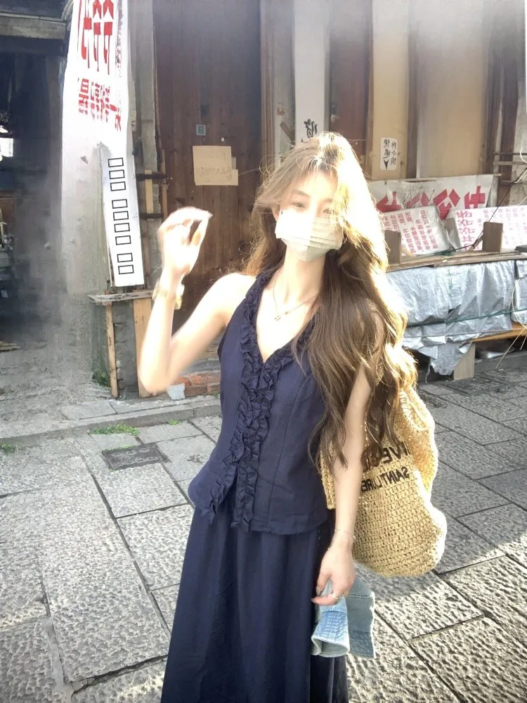 

Laid-ba Feel комплект с вырезом на плечах, длинный топ и юбка с v-образным вырезом, женский летний наряд из двух предметов, шикарный сарафан