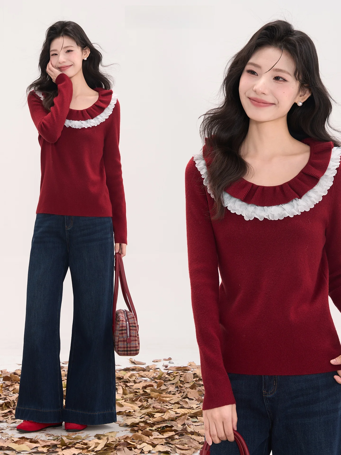 

Вязаный свитер Heme для женщин с круглым вырезом, двойным слоем и кружевной отделкой, осенне-зимний, модный, универсальный, с длинными рукавами