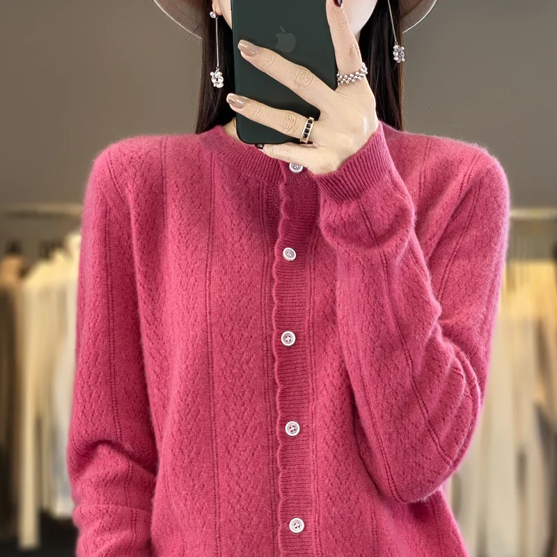 Autumn Winter 100% Wool Cardigan Sweater Women Clothing O-neck Sweater Female Long Sleeve Tops Knitted Fashion Warm New Sweater