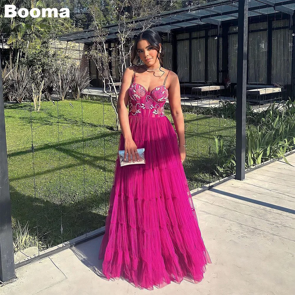 

Booma A-Line Appliques Evening Dresses Sweetheart Ruched Tulle Party Prom Dresses Spaghetti Straps Bridesmaid Gowns for Women