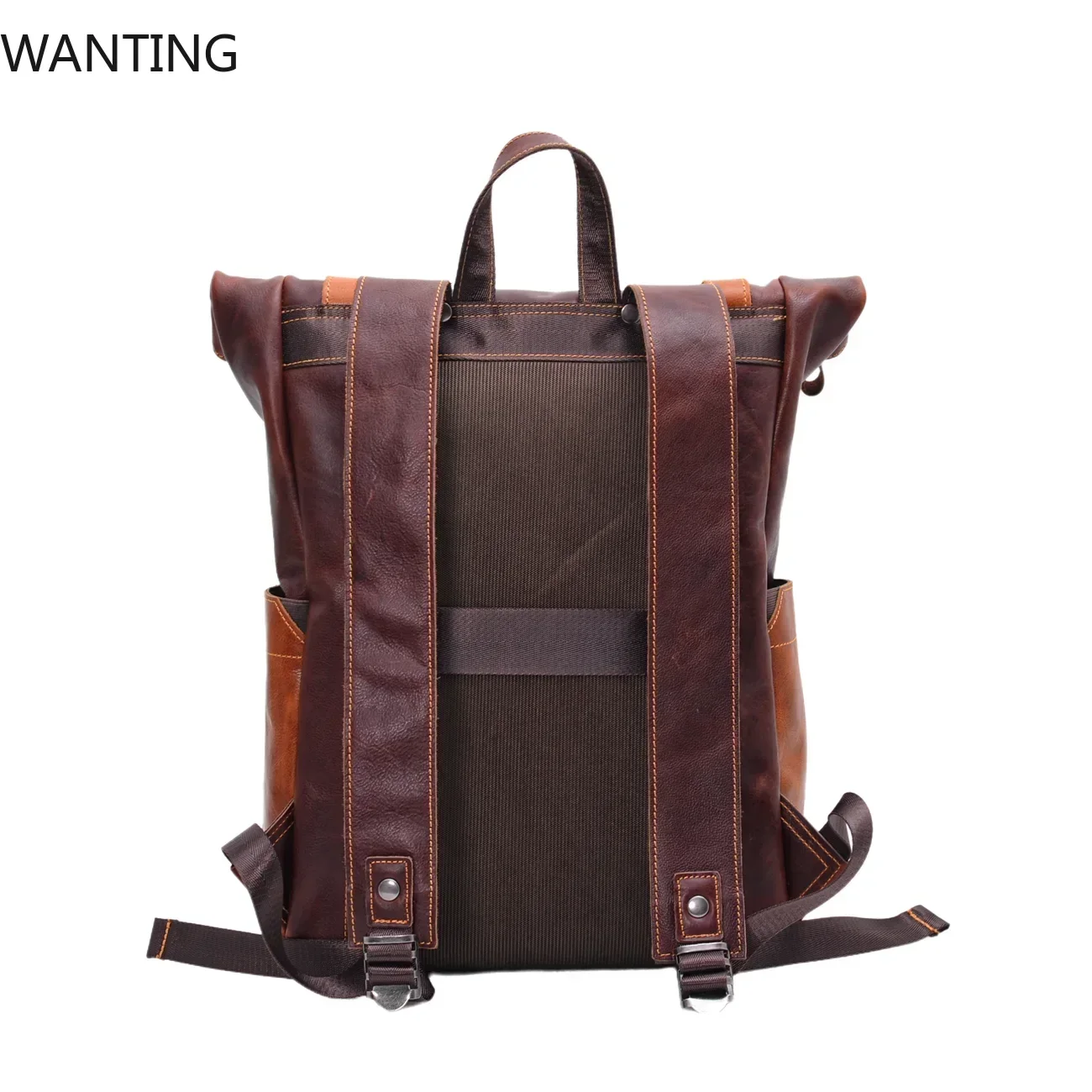 خمر صراع اللون الخضار المدبوغة حقيبة جلدية للرجال حقيبة كمبيوتر سعة كبيرة في الهواء الطلق المرأة حقيبة ظهر للسفر #4