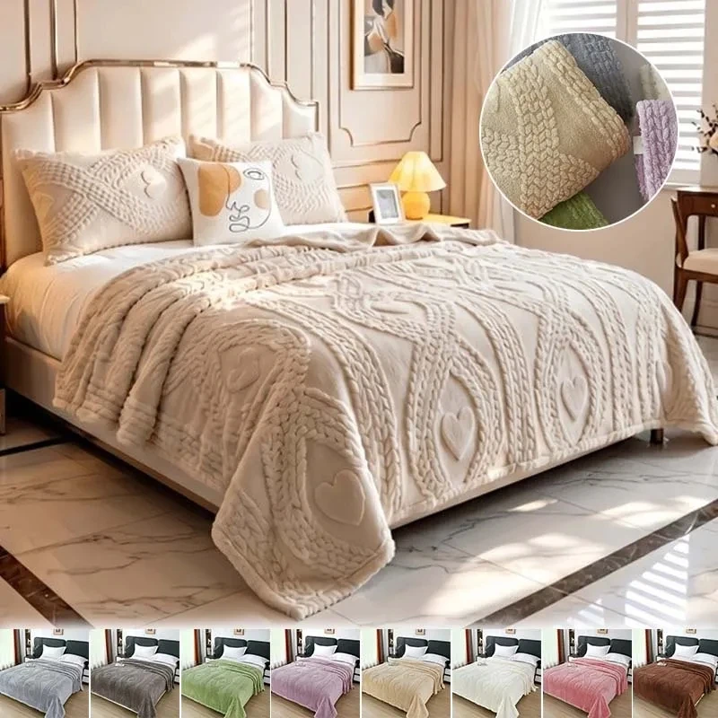 Luxury Thick Jacquard Flannel Blanket Solid Color Soft Warm Throw Winter Nap Travel Plush Bedding for Sofa Bed Office Home Decor