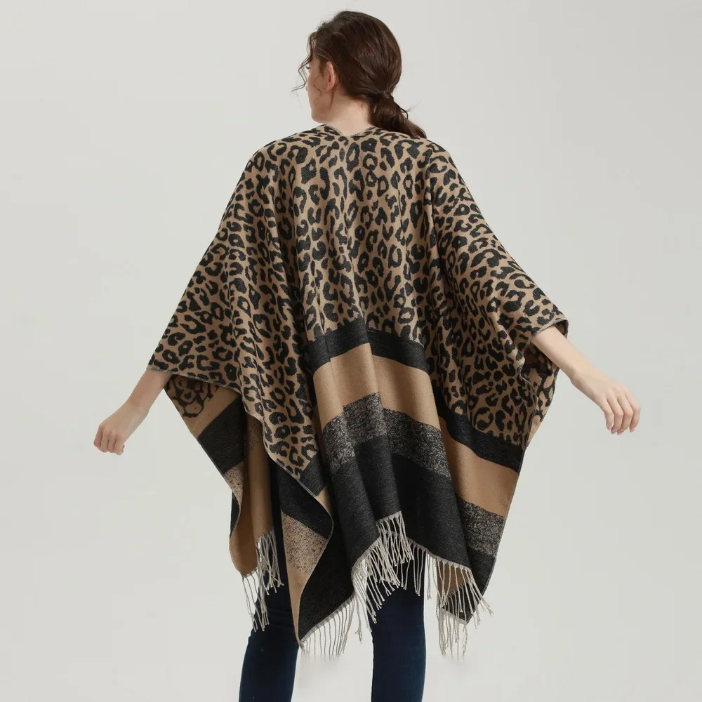 Chal grande con patrón de leopardo para mujer, capa dividida de Cachemira de imitación, Poncho para mujer, capas de otoño e invierno, nueva marca