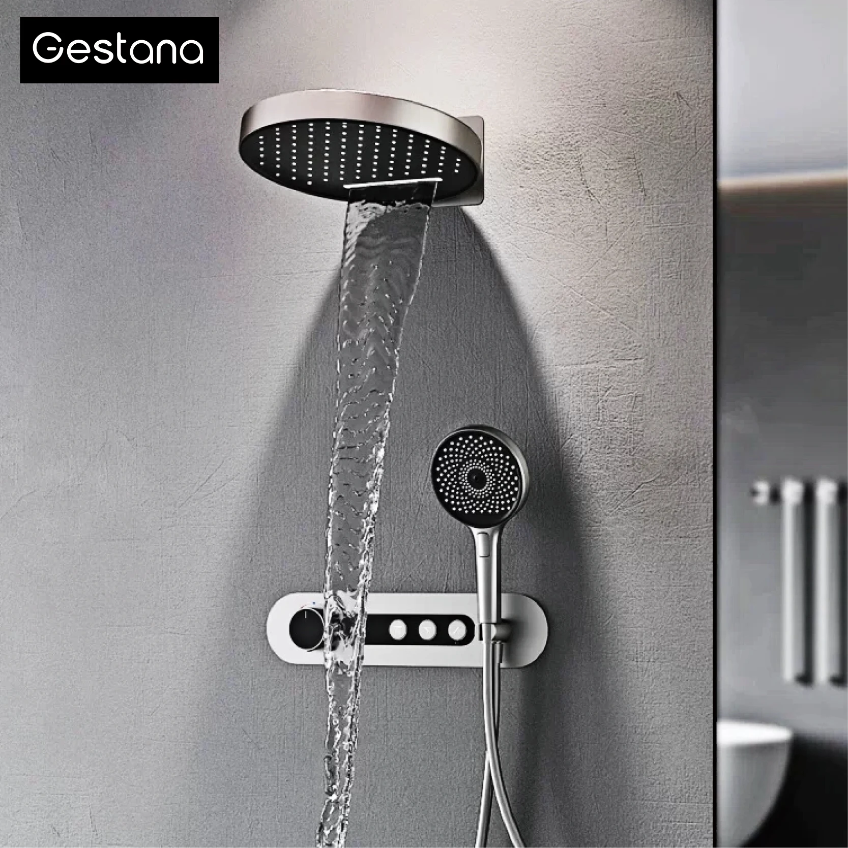 Gun Grey Brass Thermostatic Shower Set，Wall-Mounted Rainfall With LED Display，Anti-Scald 3 Spray Modes Bathroom Shower System