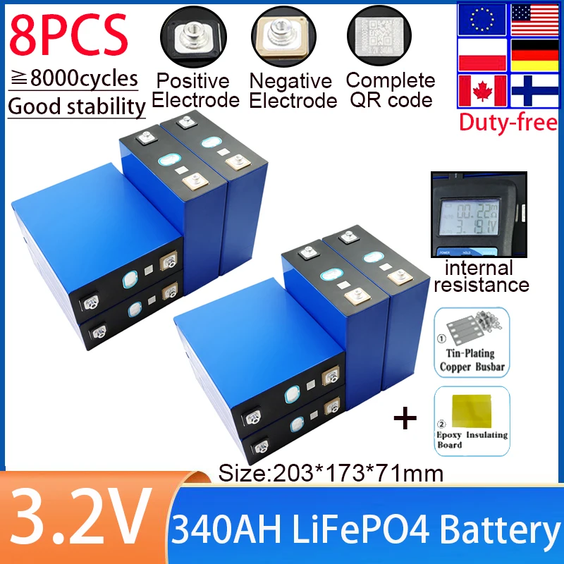 

A-grade8PCS 3,2 В 340А литий-железо-фосфатная батарея Система хранения солнечной энергии Зарядка электрического велосипеда Бассейн без работы