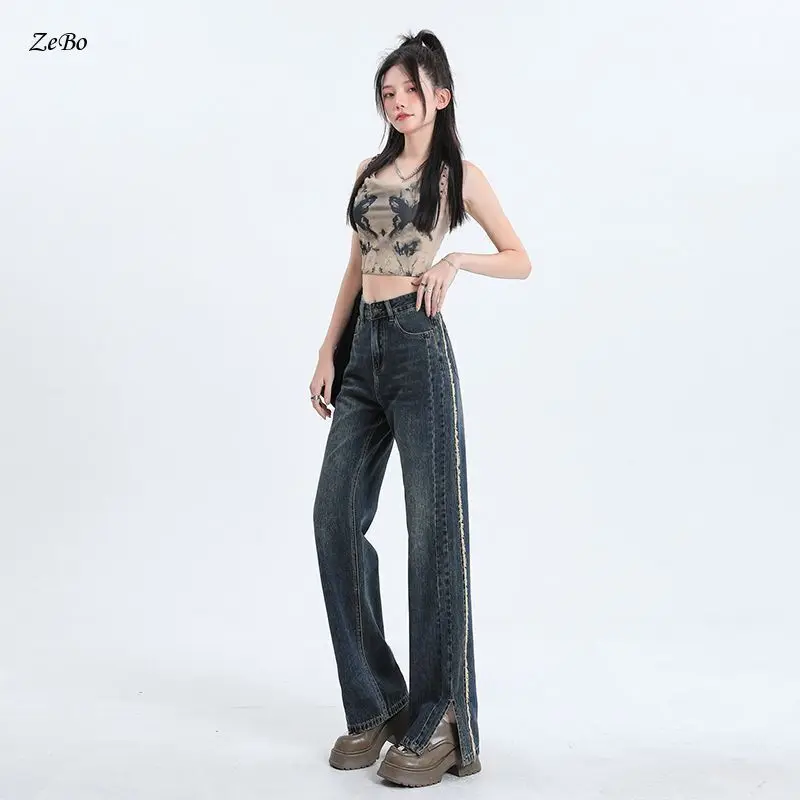 

Hot Selling Split Edge Design Wide Leg Jeans for Women with High Waist Loose Fit and Slim Fit Narrow Straight Leg Pants