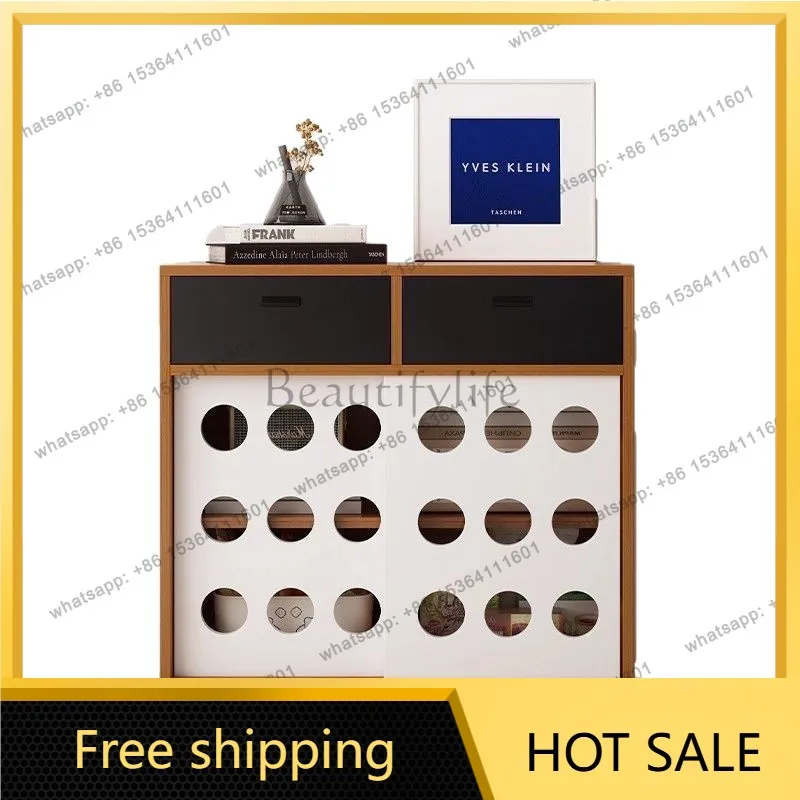 Zj. Nordic style four-grid cabinet solid wood retro living room storage side cabinet