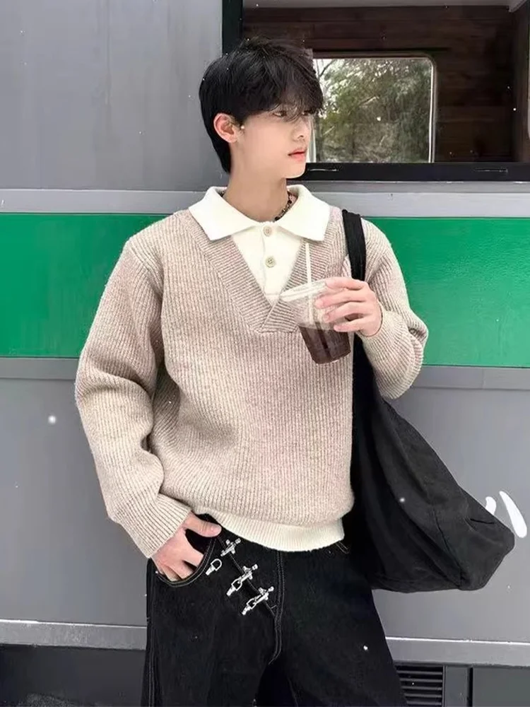 

Мужской зимний утепленный вязаный свитер цвета хаки в американском ретро-стиле, базовый слой, с длинным рукавом, стандартный крой