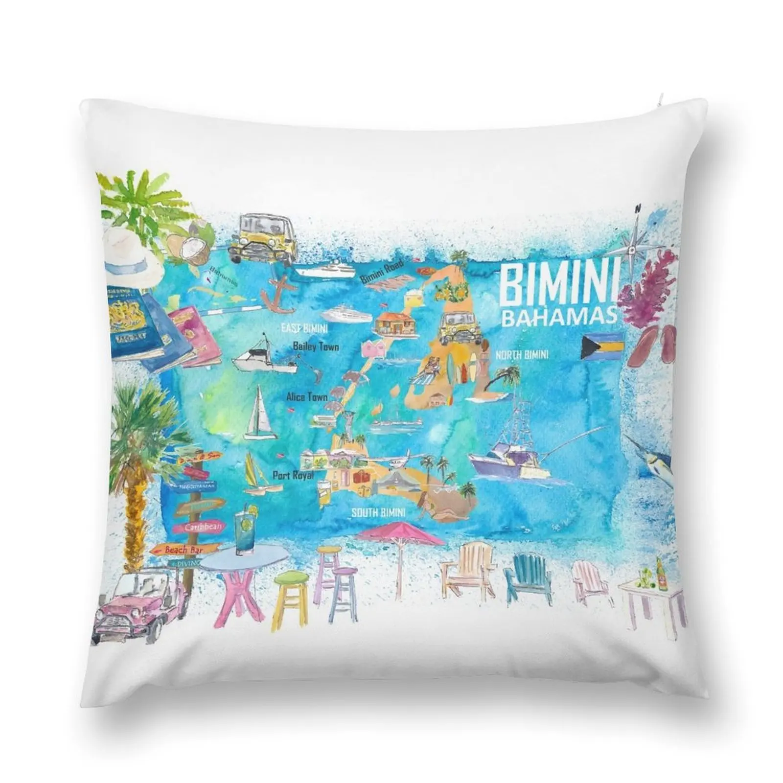 

Bimini Bahamas Illustrated Map with Island Tourist Highlights Throw Pillow Cushions Home Decor pillow