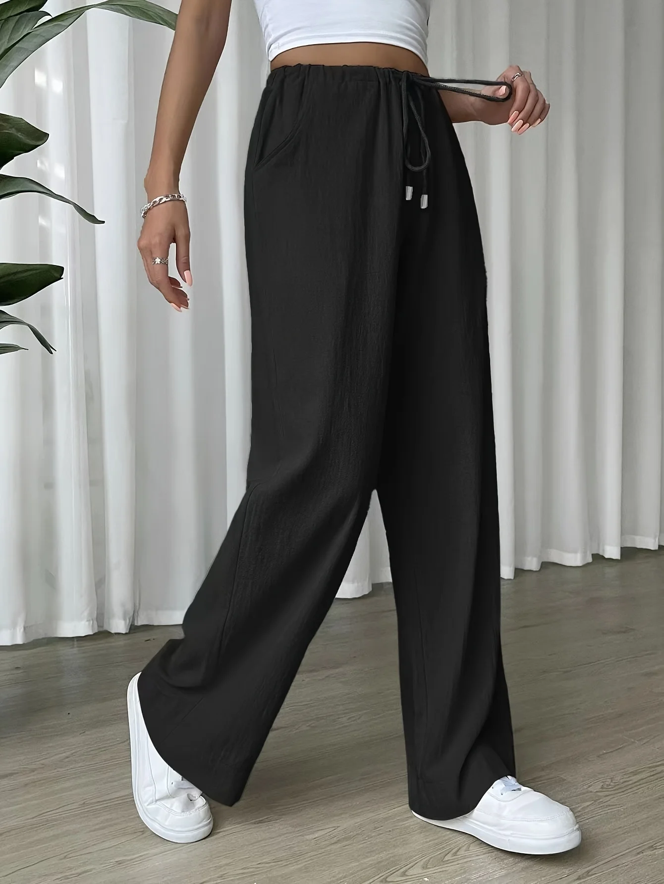 Pantalones de cintura elástica con lazo para mujer, pantalones de pierna ancha rectos, sueltos, informales, sólidos, talla grande, todas las estaciones
