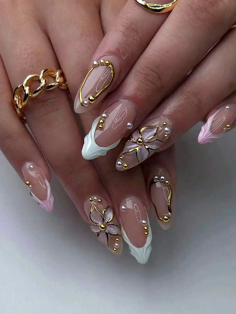 

24pcs almond-shaped 3D gel floral nail stickers for pearl flower nail art summer French press-on design acrylic fake nails set w