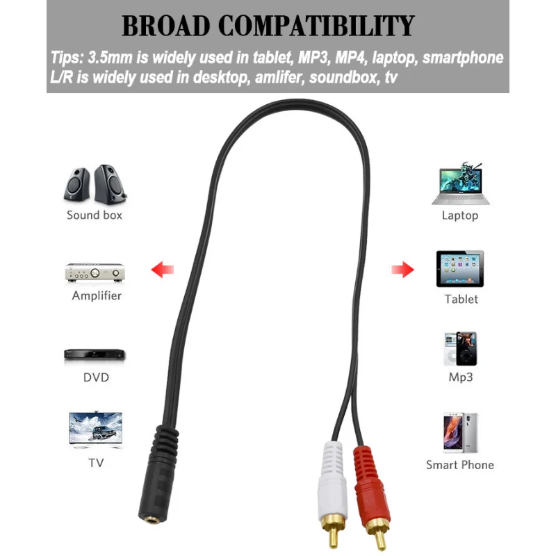 Nku RCA kabel 3.5mm Jack Stereo żeński do 2 RCA R/L męski Adapter 3.5 AUX Y kabel Audio do wzmacniacza głośnikowego