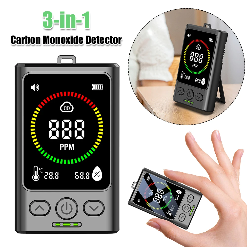 كاشف أول أكسيد الكربون 3 في 1 مع شاشة LCD لمراقبة درجة الحرارة والرطوبة كاشف إنذار ثاني أكسيد الكربون للسفر والتخييم RV