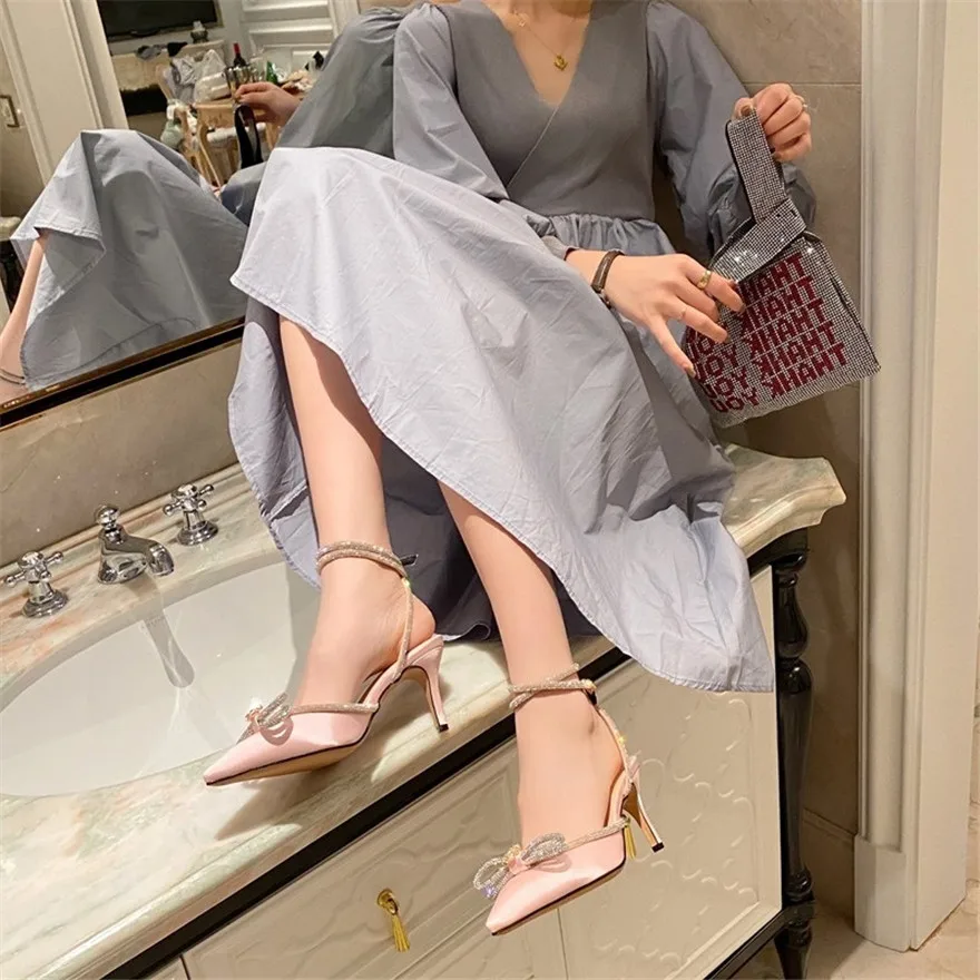 Fashion Diamond Bowknot Women Sandals 2026 Korean Pointy Crystal Buckle Black Pink Silk Wedding Party Dress Lady Shoes High Heel - view 2
