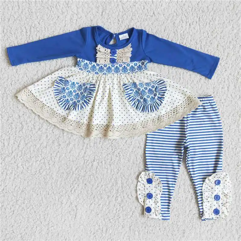 

2022 Daily Wearing New Design Dark Blue Dots Print Long Sleeve Dress Blue Stripes Pants Fashion High Quality Western Baby Girl