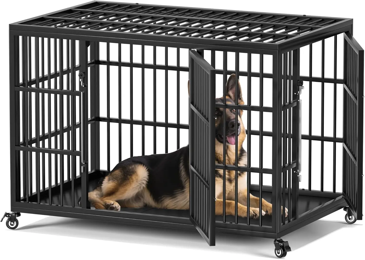Indoor Use, Steel Material, Silver Color, Heavy Duty Dog Crate with Self-Locking Latch, Escape-Proof, Double Doors and Wheels