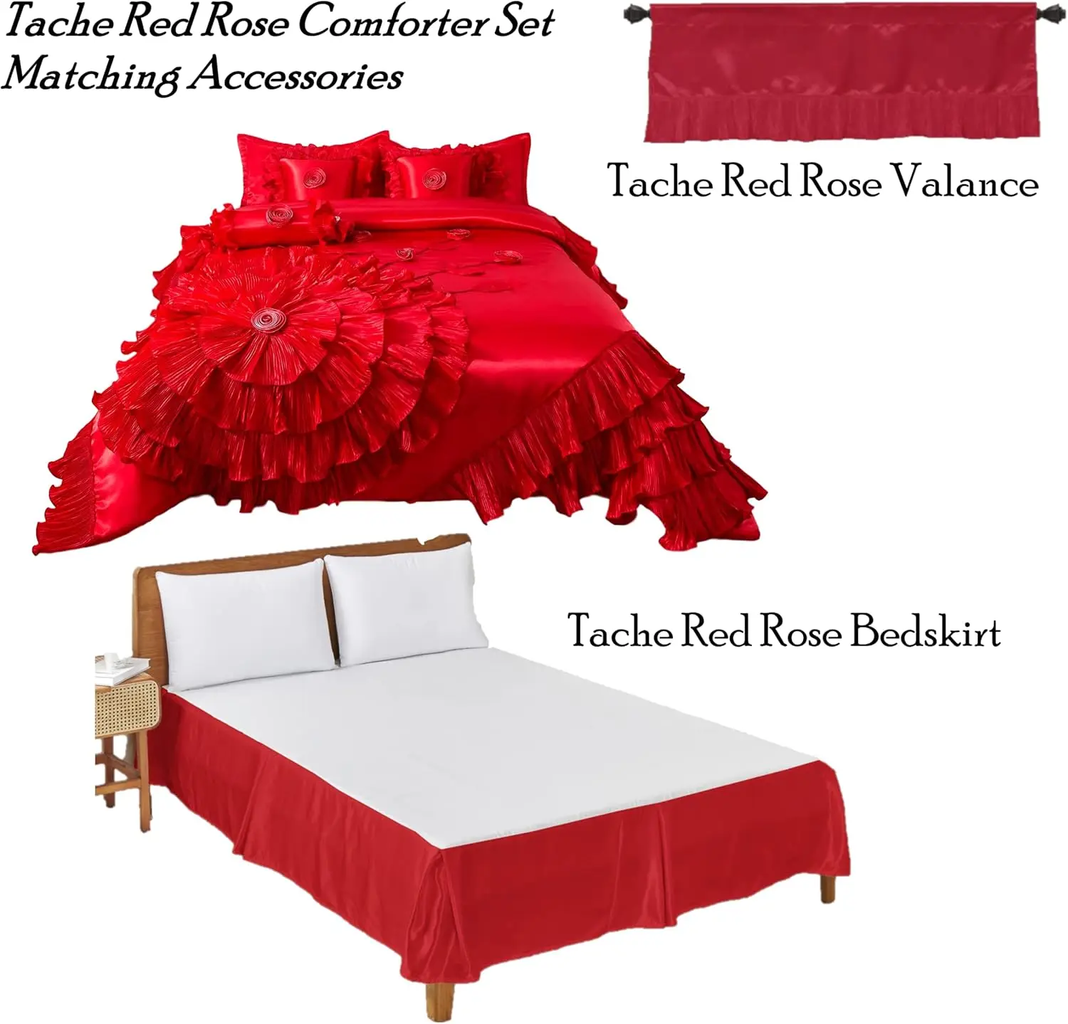 Tache Red California King Size Comforter Set Vehy4174-Ck Satin Comforter Set Bright Red Romantic Roses Ruffle Bedding Set, Cal