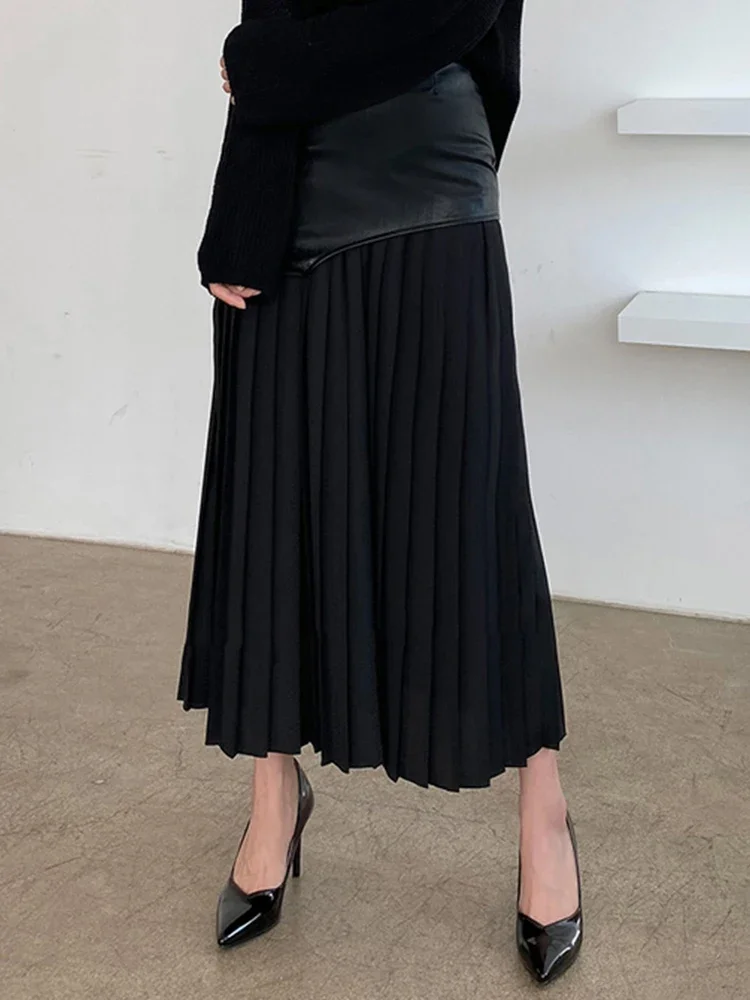 Casual Patchwork Pu Skirt For Women High Waist Midi Folds Pleated Skirts Female 2024 Spring Fashion Clothing Style