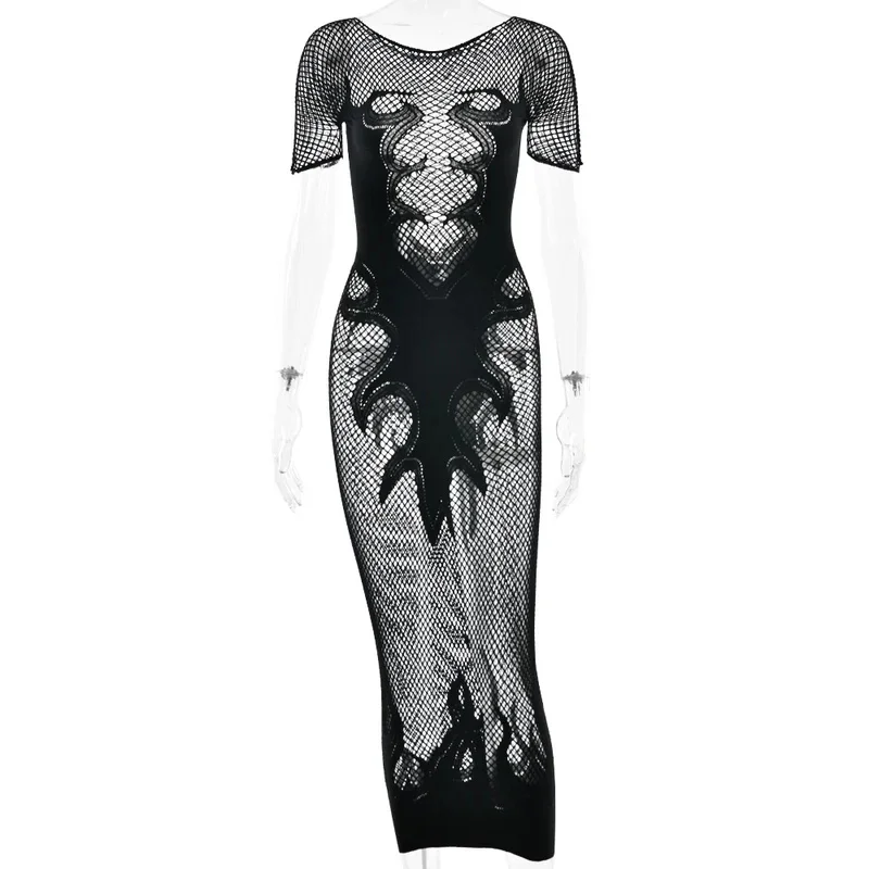 Neue 2025 Sifreyr Hohe Stretch Sheer Lange Frauen Mode O Hals Kurzarm Streetwear Sexy Club Party, Figurbetontes Kleid eqs9X