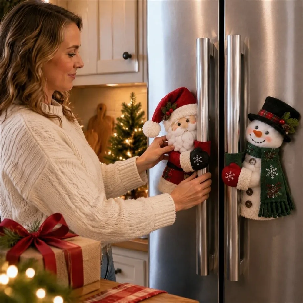Cute Plush Handle Huggers Santa Style Snowman Handles Refrigerator Handle Covers Santa Plush Fits Standard Size