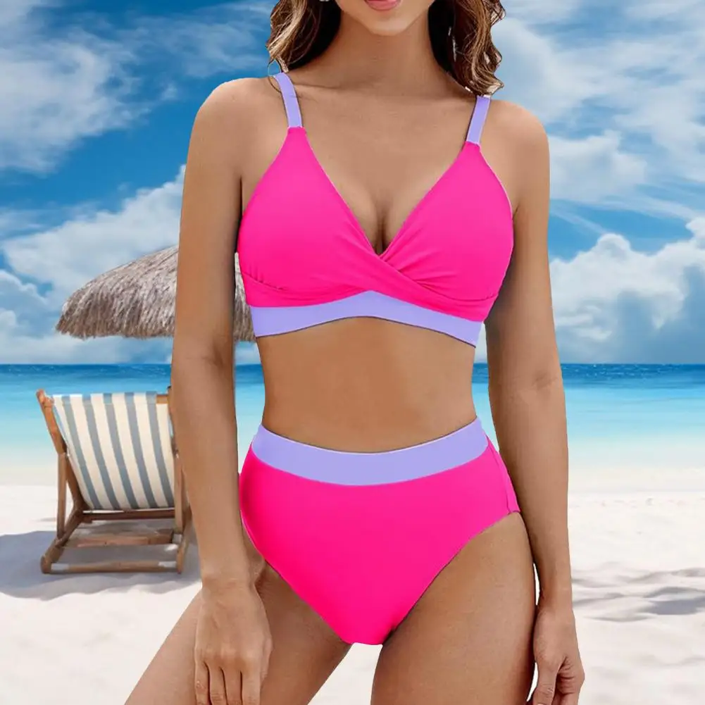 2026 2Pcs/Set Beach Bikini Set V-Neck Sling Bra High Waisted Tummy Control Briefs Set Padded Wire-Free Color Block Bathing Suit